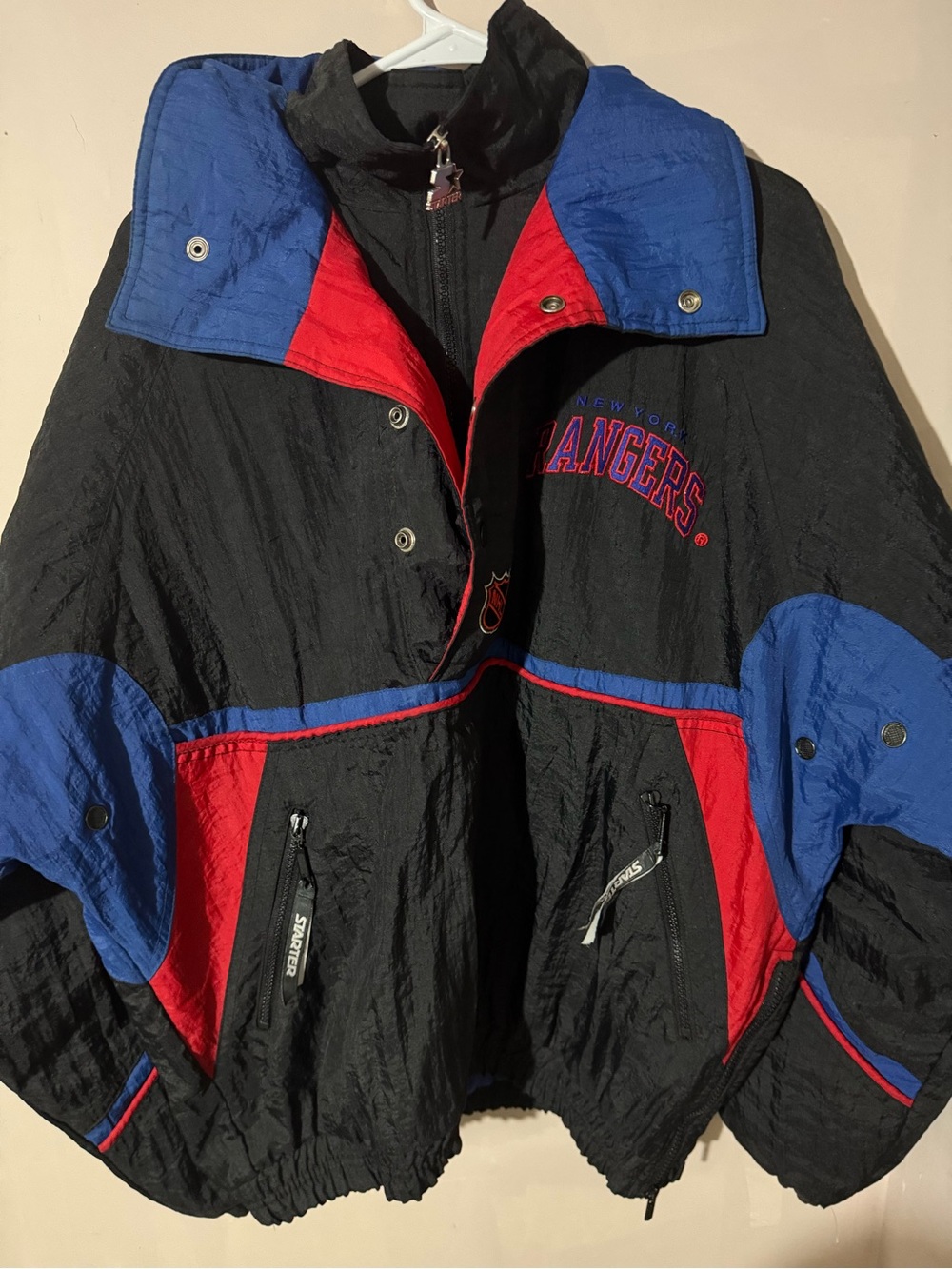 Black Bomber Jacket with Blue & Red Trim - New York Rangers Style - Picture 6 of 16